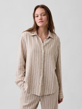 GAP Linen Blend Easy Shirt Button Down Coastal Beachy White Khaki Stripe Medium